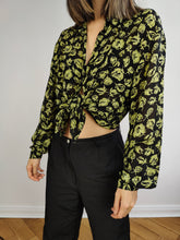 Load image into Gallery viewer, The Black Green Sheer Floral Blouse | Vintage see-through transparent flower print pattern long shirt M-L
