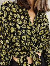 Load image into Gallery viewer, The Black Green Sheer Floral Blouse | Vintage see-through transparent flower print pattern long shirt M-L
