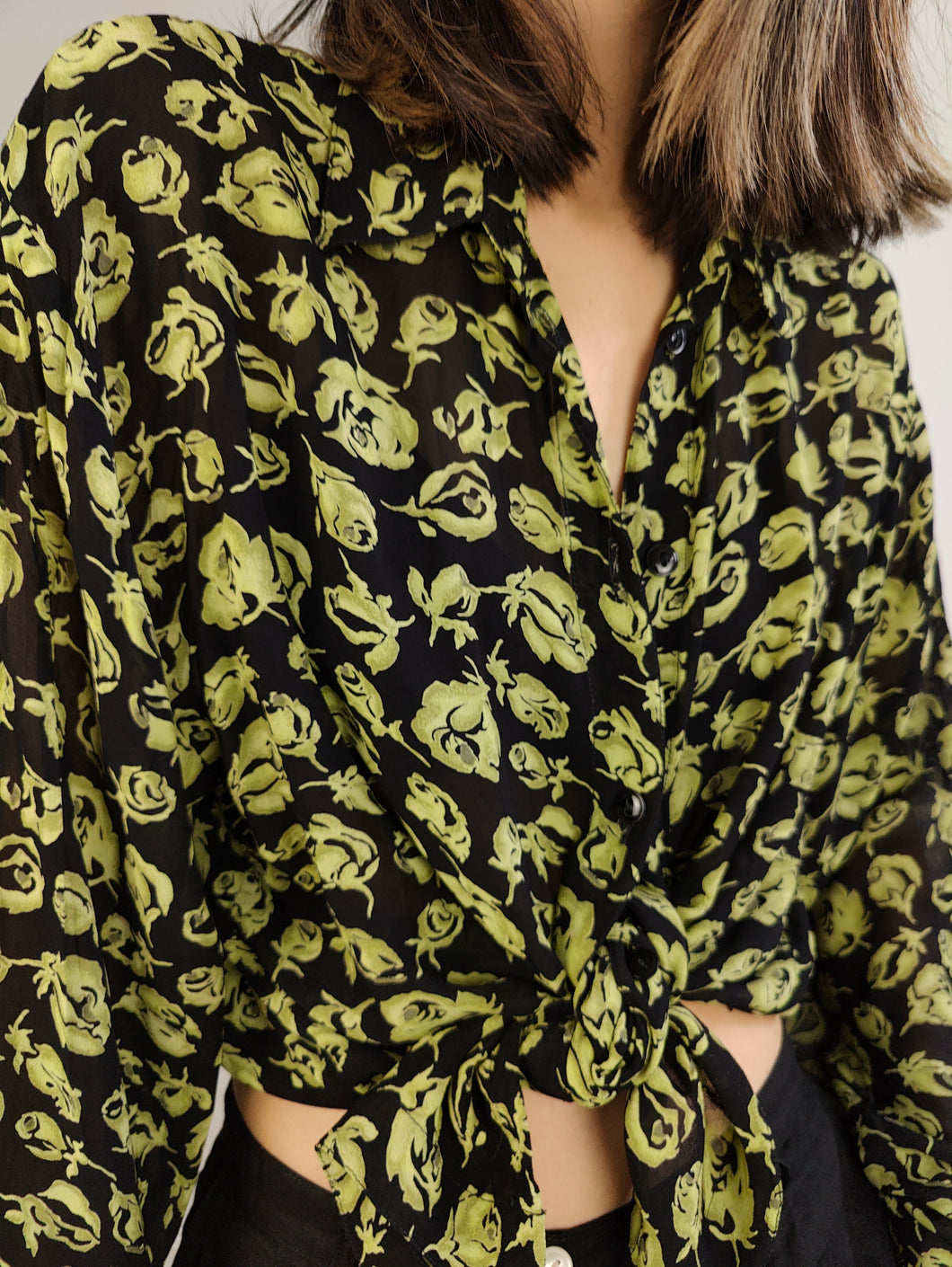 The Black Green Sheer Floral Blouse | Vintage see-through transparent flower print pattern long shirt M-L