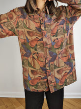 Load image into Gallery viewer, The Silk Brown Orange Art Pattern Shirt | Vintage 90s pure silk long sleeve crazy abstract print unisex men M
