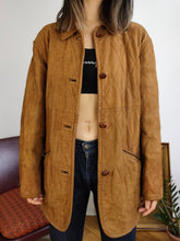 Load image into Gallery viewer, Vintage genuine leather tan brown quilted coat jacket fall winter lined women S-M
