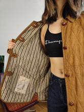 Load image into Gallery viewer, Vintage genuine leather tan brown quilted coat jacket fall winter lined women S-M
