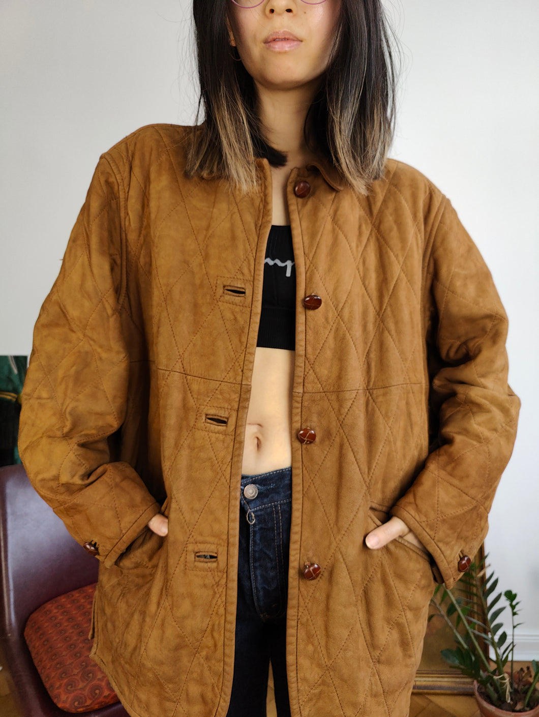 Vintage genuine leather tan brown quilted coat jacket fall winter lined women S-M