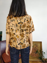 Load image into Gallery viewer, Vintage silk blouse brown hieroglyph Egyptian print pattern shirt women S
