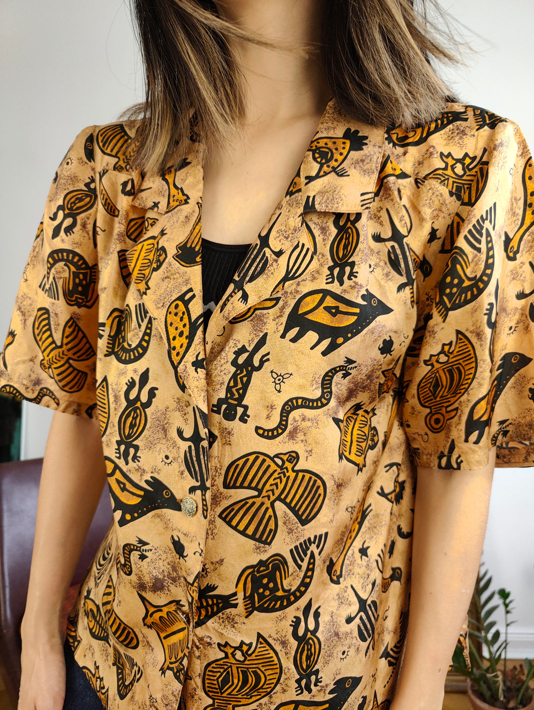 Vintage silk blouse brown hieroglyph Egyptian print pattern shirt women S