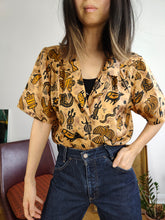 Load image into Gallery viewer, Vintage silk blouse brown hieroglyph Egyptian print pattern shirt women S
