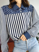Load image into Gallery viewer, Vintage blouse white blue stripe pattern Primavera women M-L
