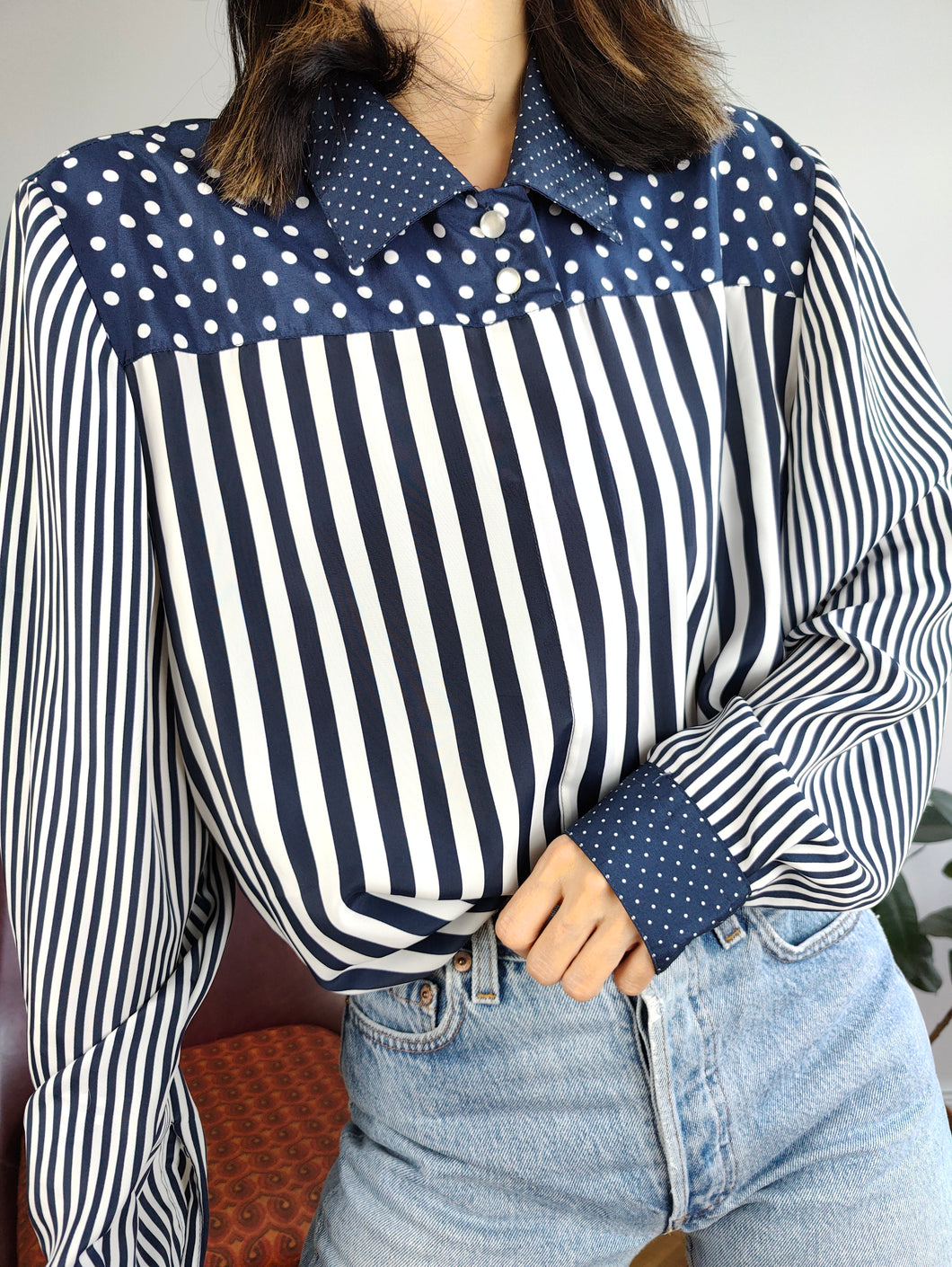 Vintage blouse white blue stripe pattern Primavera women M-L