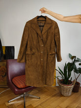 Load image into Gallery viewer, Vintage genuine suede leather brown midi long trench coat jacket Windsor made in England women XS-S
