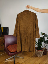 Load image into Gallery viewer, Vintage genuine suede leather brown midi long trench coat jacket Windsor made in England women XS-S
