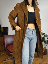 Load image into Gallery viewer, Vintage genuine suede leather brown midi long trench coat jacket Windsor made in England women XS-S
