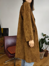 Load image into Gallery viewer, Vintage genuine suede leather brown midi long trench coat jacket Windsor made in England women XS-S
