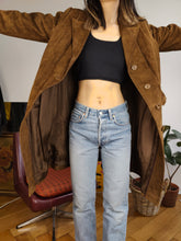 Load image into Gallery viewer, Vintage genuine suede leather brown midi long trench coat jacket Windsor made in England women XS-S
