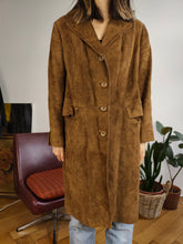 Load image into Gallery viewer, Vintage genuine suede leather brown midi long trench coat jacket Windsor made in England women XS-S
