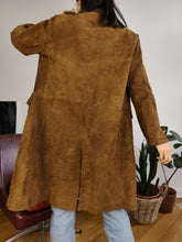 Load image into Gallery viewer, Vintage genuine suede leather brown midi long trench coat jacket Windsor made in England women XS-S
