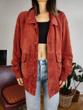 Load image into Gallery viewer, Vintage red genuine suede leather bomber jacket oversized unisex men L-XL
