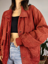 Load image into Gallery viewer, Vintage red genuine suede leather bomber jacket oversized unisex men L-XL
