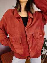 Load image into Gallery viewer, Vintage red genuine suede leather bomber jacket oversized unisex men L-XL
