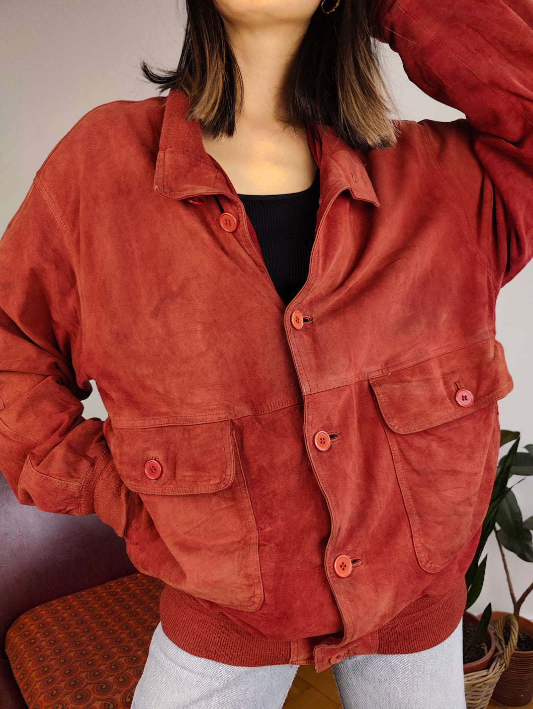 Vintage red genuine suede leather bomber jacket oversized unisex men L-XL