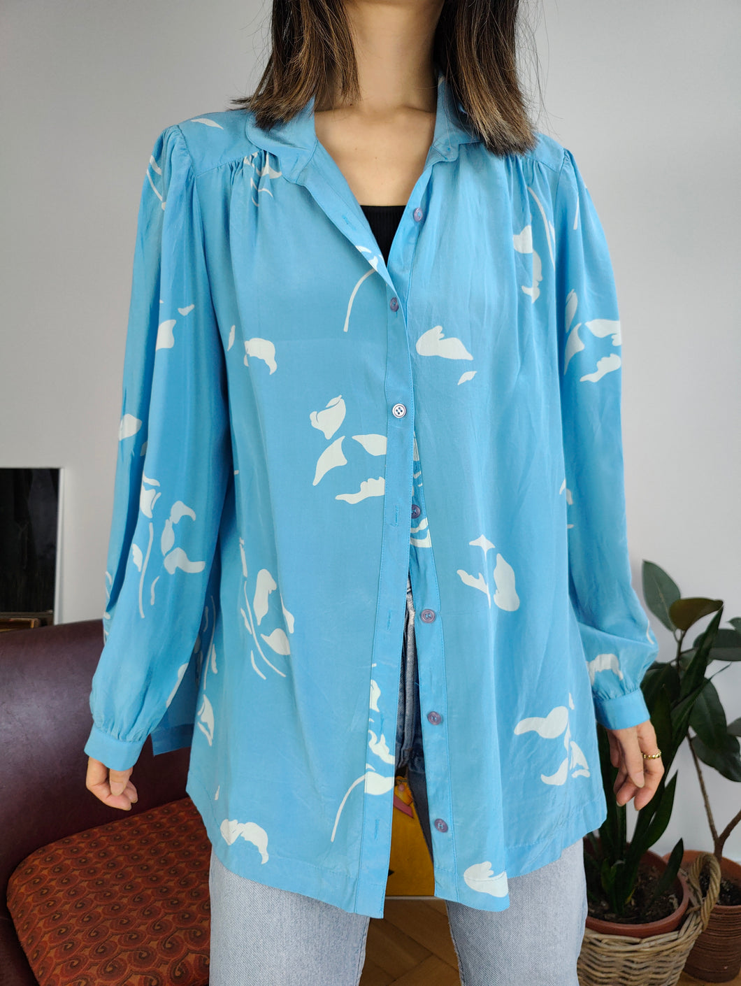 Vintage Seidenbluse blauer Himmel Print Muster Shirt Madeleine Damen M