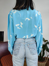 Load image into Gallery viewer, Vintage silk blouse blue sky print pattern shirt Madeleine women M
