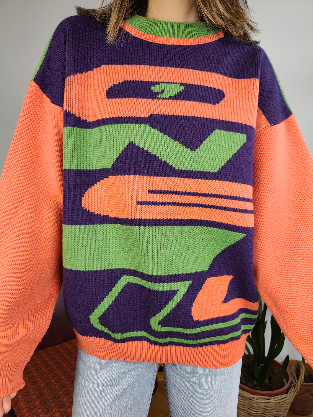 Vintage 90s RARE O'Neill wool mix knit sweater orange green purple fall winter knitted pullover jumper unisex S-M