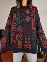 Load image into Gallery viewer, Vintage alpaca wool mix knit sweater blue pink floral pattern fall winter knitted pullover jumper unisex L
