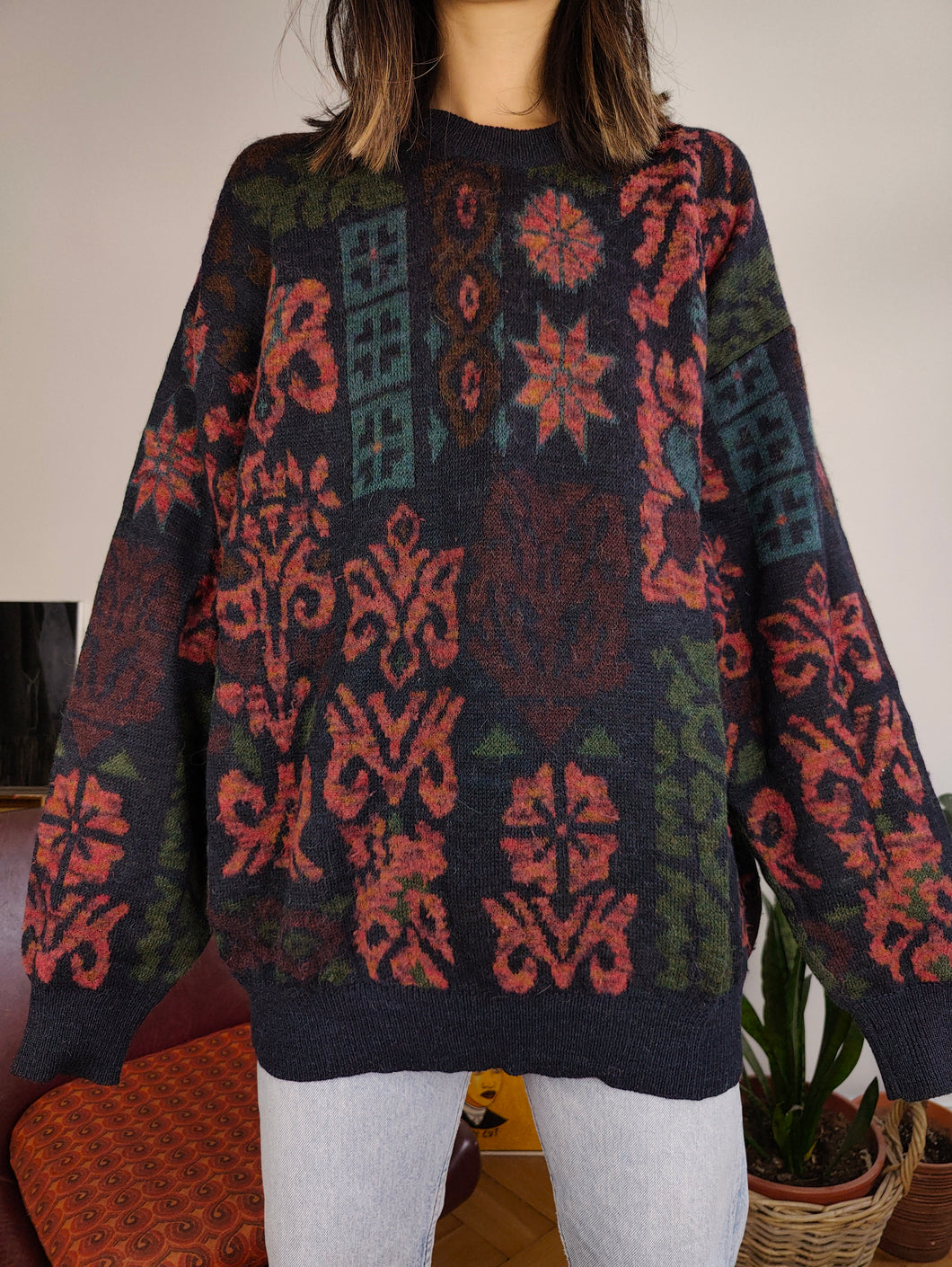 Vintage alpaca wool mix knit sweater blue pink floral pattern fall winter knitted pullover jumper unisex L