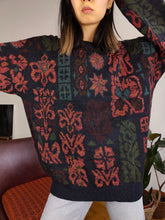 Load image into Gallery viewer, Vintage alpaca wool mix knit sweater blue pink floral pattern fall winter knitted pullover jumper unisex L
