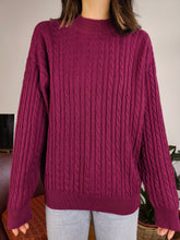 Load image into Gallery viewer, Vintage 100% wool cable knit sweater purple burgundy plain fall winter knitted pullover jumper turtle neck M
