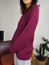 Load image into Gallery viewer, Vintage 100% wool cable knit sweater purple burgundy plain fall winter knitted pullover jumper turtle neck M
