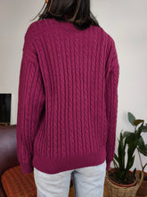 Load image into Gallery viewer, Vintage 100% wool cable knit sweater purple burgundy plain fall winter knitted pullover jumper turtle neck M
