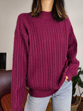 Load image into Gallery viewer, Vintage 100% wool cable knit sweater purple burgundy plain fall winter knitted pullover jumper turtle neck M
