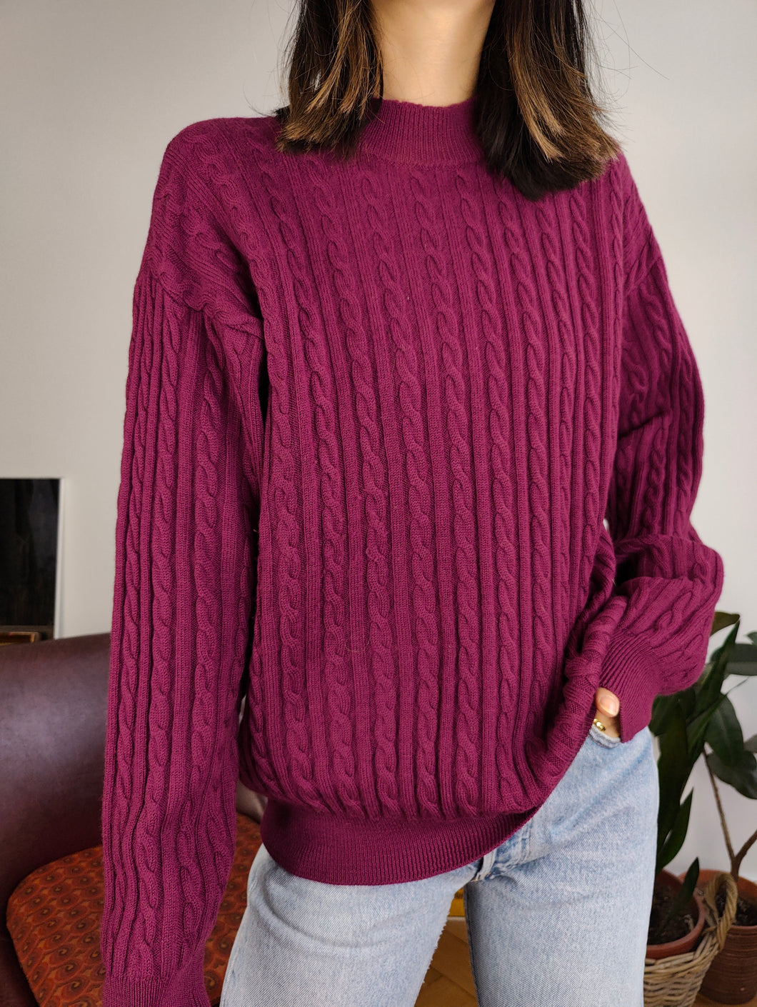Vintage 100 % Wolle Zopfmuster Pullover lila weinrot schlicht Herbst Winter Strickpullover Rollkragenpullover M