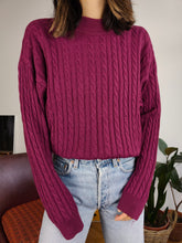 Load image into Gallery viewer, Vintage 100% wool cable knit sweater purple burgundy plain fall winter knitted pullover jumper turtle neck M
