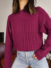 Load image into Gallery viewer, Vintage 100% wool cable knit sweater purple burgundy plain fall winter knitted pullover jumper turtle neck M
