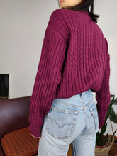 Load image into Gallery viewer, Vintage 100% wool cable knit sweater purple burgundy plain fall winter knitted pullover jumper turtle neck M
