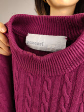 Load image into Gallery viewer, Vintage 100% wool cable knit sweater purple burgundy plain fall winter knitted pullover jumper turtle neck M
