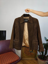 Load image into Gallery viewer, Vintage 90s genuine suede leather jacket brown La Croix light short crop fitted women S
