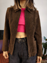 Load image into Gallery viewer, Vintage 90s genuine suede leather jacket brown La Croix light short crop fitted women S

