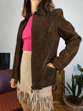 Load image into Gallery viewer, Vintage 90s genuine suede leather jacket brown La Croix light short crop fitted women S
