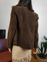 Load image into Gallery viewer, Vintage 90s genuine suede leather jacket brown La Croix light short crop fitted women S
