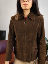 Load image into Gallery viewer, Vintage 90s genuine suede leather jacket brown La Croix light short crop fitted women S
