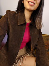 Load image into Gallery viewer, Vintage 90s genuine suede leather jacket brown La Croix light short crop fitted women S
