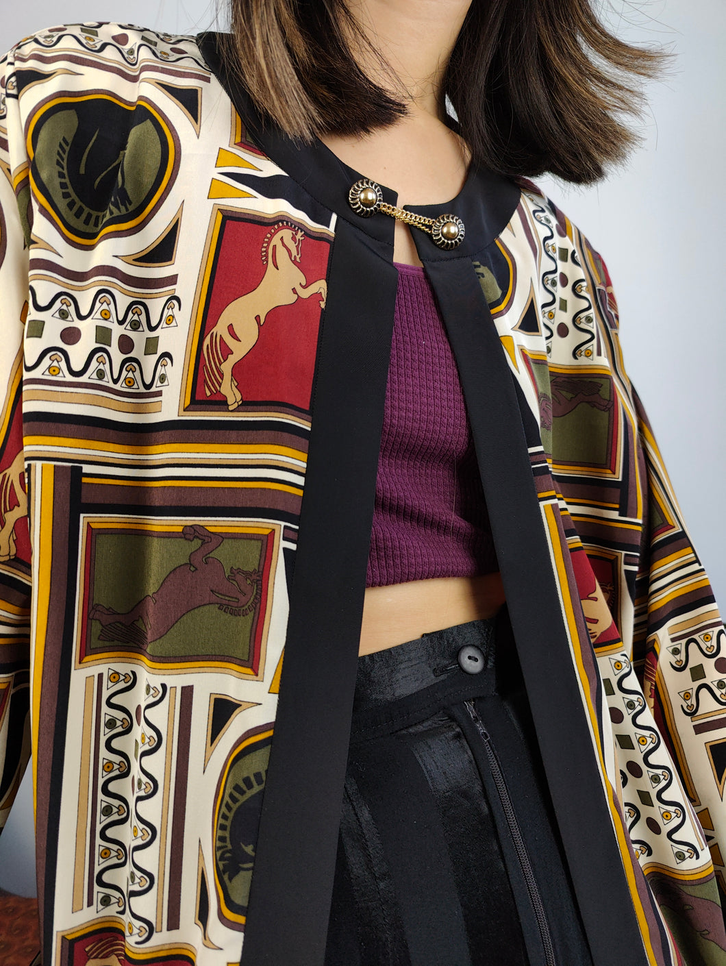 Vintage Creations Pauquet horse print light blazer jacket baroque crazy pattern cardigan women L