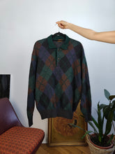 Load image into Gallery viewer, Vintage alpaca mohair wool mix knit sweater green diamond pattern fall winter knitted pullover jumper polo collar unisex L
