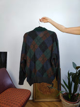 Load image into Gallery viewer, Vintage alpaca mohair wool mix knit sweater green diamond pattern fall winter knitted pullover jumper polo collar unisex L
