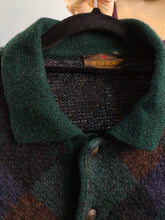 Load image into Gallery viewer, Vintage alpaca mohair wool mix knit sweater green diamond pattern fall winter knitted pullover jumper polo collar unisex L
