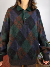 Load image into Gallery viewer, Vintage alpaca mohair wool mix knit sweater green diamond pattern fall winter knitted pullover jumper polo collar unisex L
