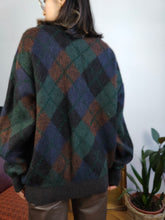 Load image into Gallery viewer, Vintage alpaca mohair wool mix knit sweater green diamond pattern fall winter knitted pullover jumper polo collar unisex L
